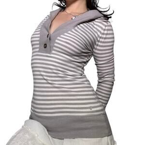 Y2k grey and white striped quarter button up fitted hoodie long sleeve